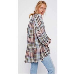 FREE PEOPLE Come On Over Plaid Button
Down Shirt Boho Multicolor Oversized Small